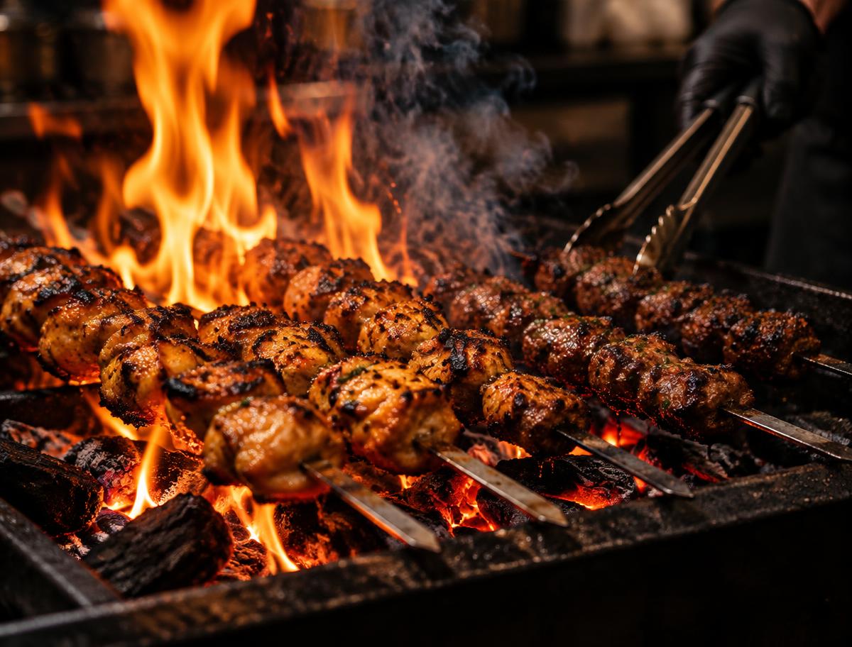 Skewers sizzling over glowing charcoal on the FLAM’D grill