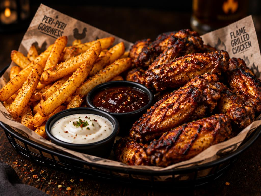 Peri chips with grilled wings and dips